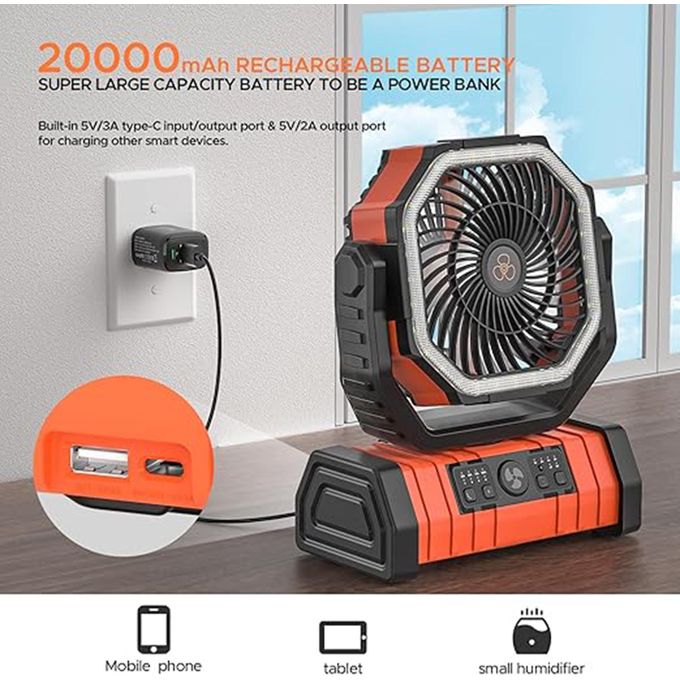 3 in 1 Rechargeable Wireless Camping 12inch Fan 20000mAh Power bank with Light- orange thumbnail 2