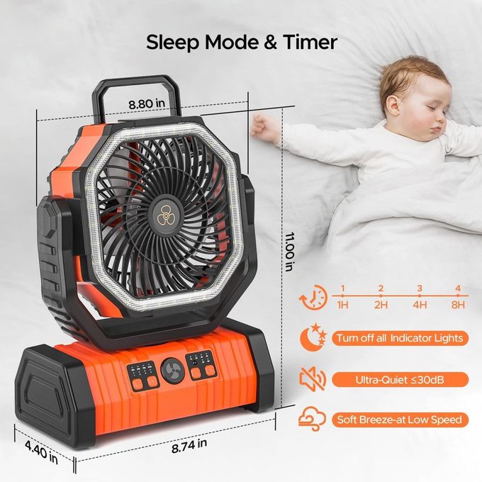3 in 1 Rechargeable Wireless Camping 12inch Fan 20000mAh Power bank with Light- orange thumbnail 6