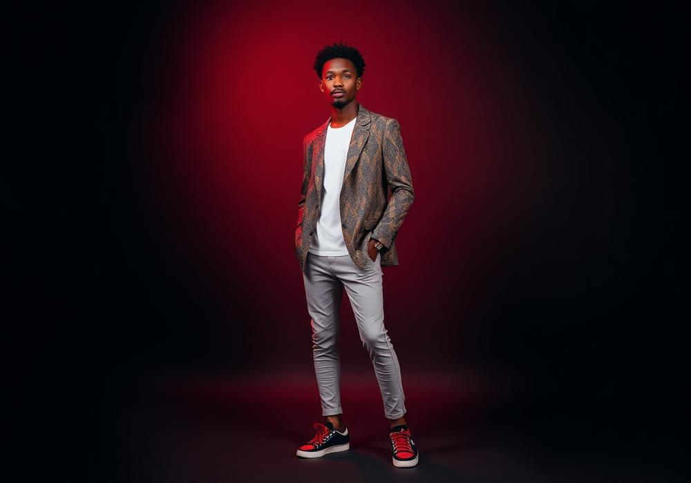 Model wearing a kente-accent blazer